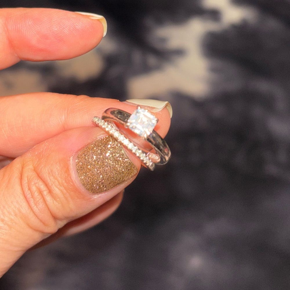 QVC diamonique Asscher wedding set epiphany platinum clad size 5